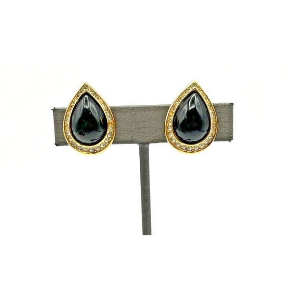 Vintage CHRISTIAN DIOR Pave Crystal Black Cabochon Clip On Earrings Gold Tone - Picture 6 of 9
